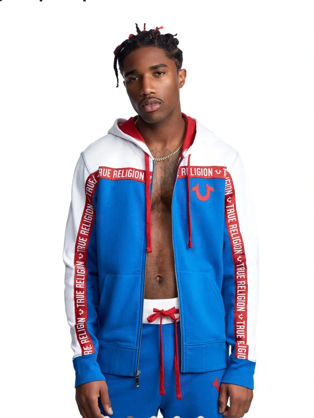 True Religion Blue, White & Red Logo Tape Zip Hoodie